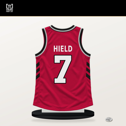 Buddy Hield number 7 Chicago Bulls jersey stand with included black base.
