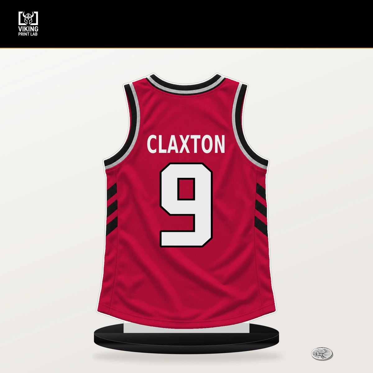 Nic Claxton number 9 Chicago Bulls jersey stand with included black base.