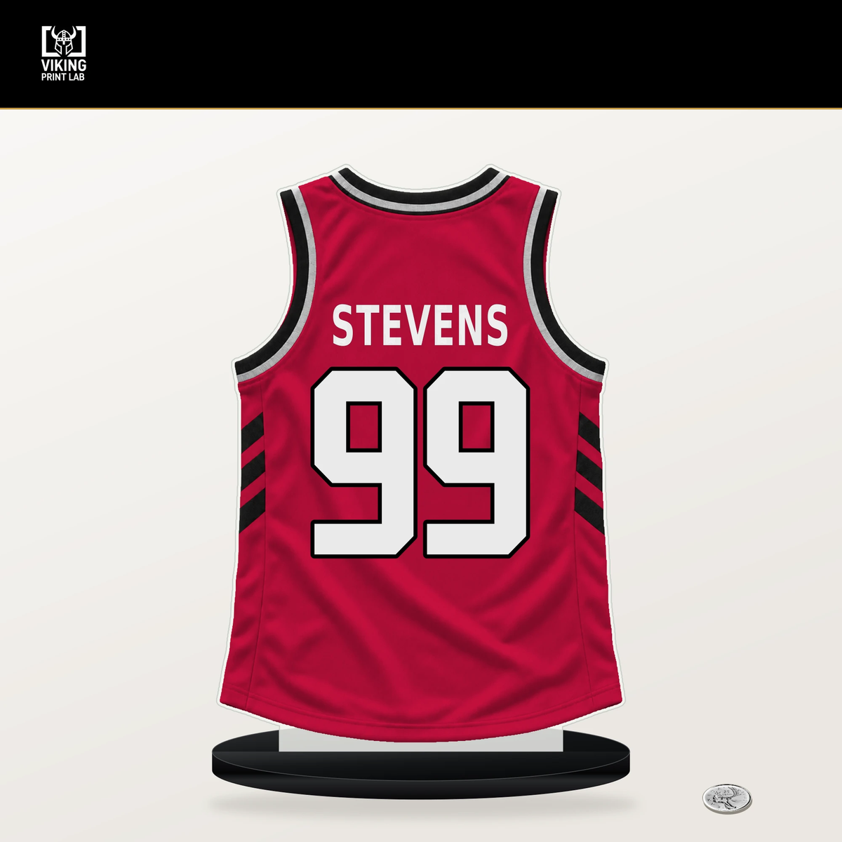 Isaiah Stevens number 99 Chicago Bulls jersey stand with included black base.