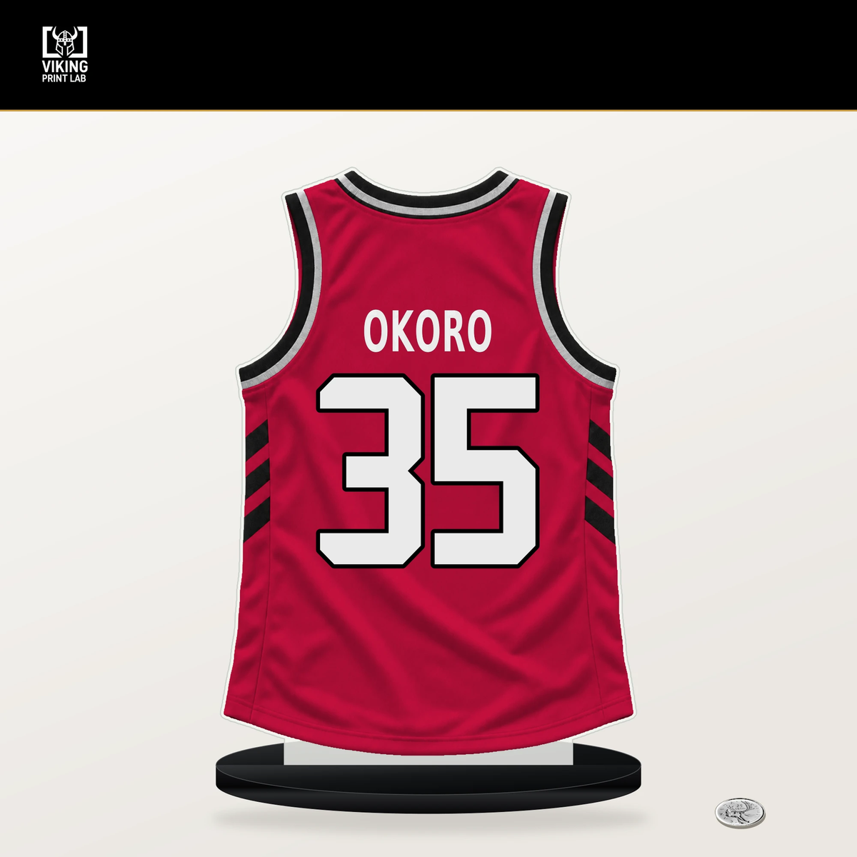 Isaac Okoro number 35 Chicago Bulls jersey stand with included black base.