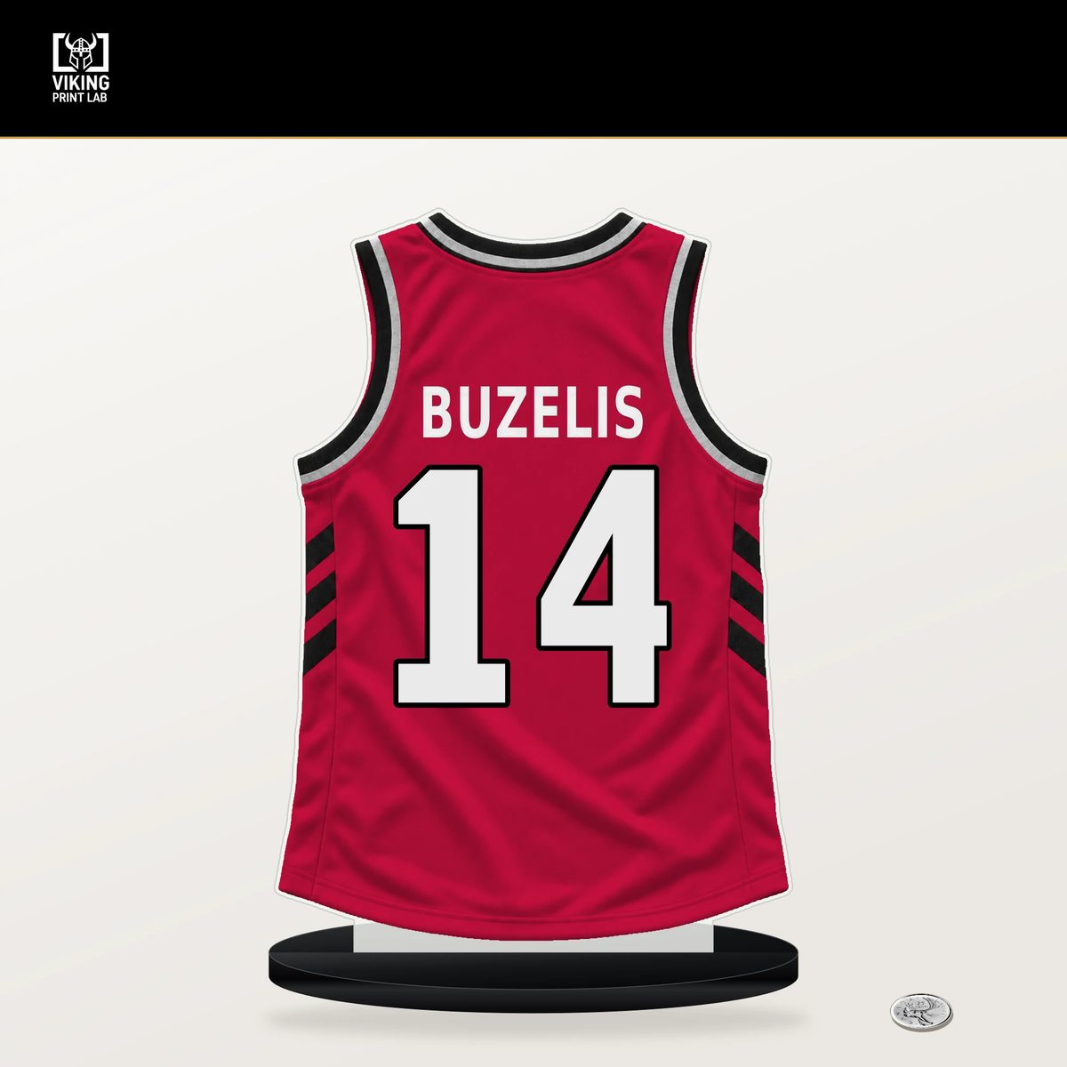 Matas Buzelis number 14 Chicago Bulls jersey stand with included black base.