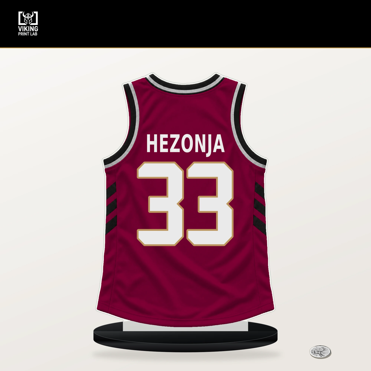 Mario Hezonja number 33 Cleveland Cavaliers jersey stand with included black base.