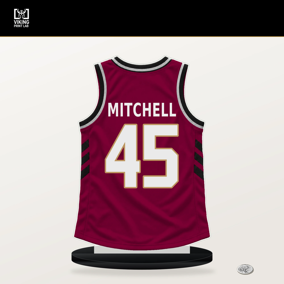 Donovan Mitchell number 45 Cleveland Cavaliers jersey stand with included black base.