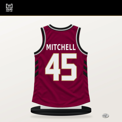 Donovan Mitchell number 45 Cleveland Cavaliers jersey stand with included black base.