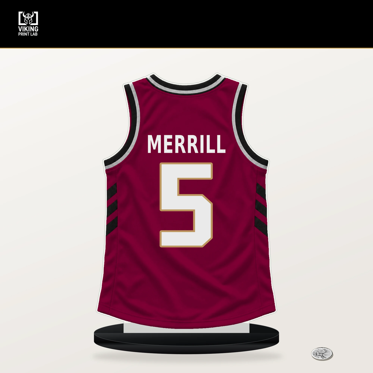 Sam Merrill number 5 Cleveland Cavaliers jersey stand with included black base.