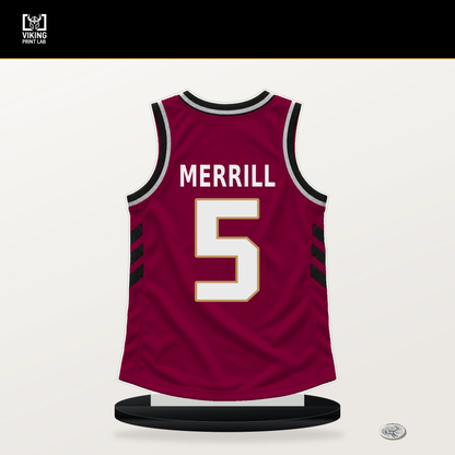 Sam Merrill number 5 Cleveland Cavaliers jersey stand with included black base.