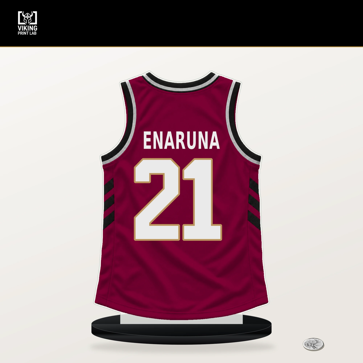 Tristan Enaruna number 21 Cleveland Cavaliers jersey stand with included black base.