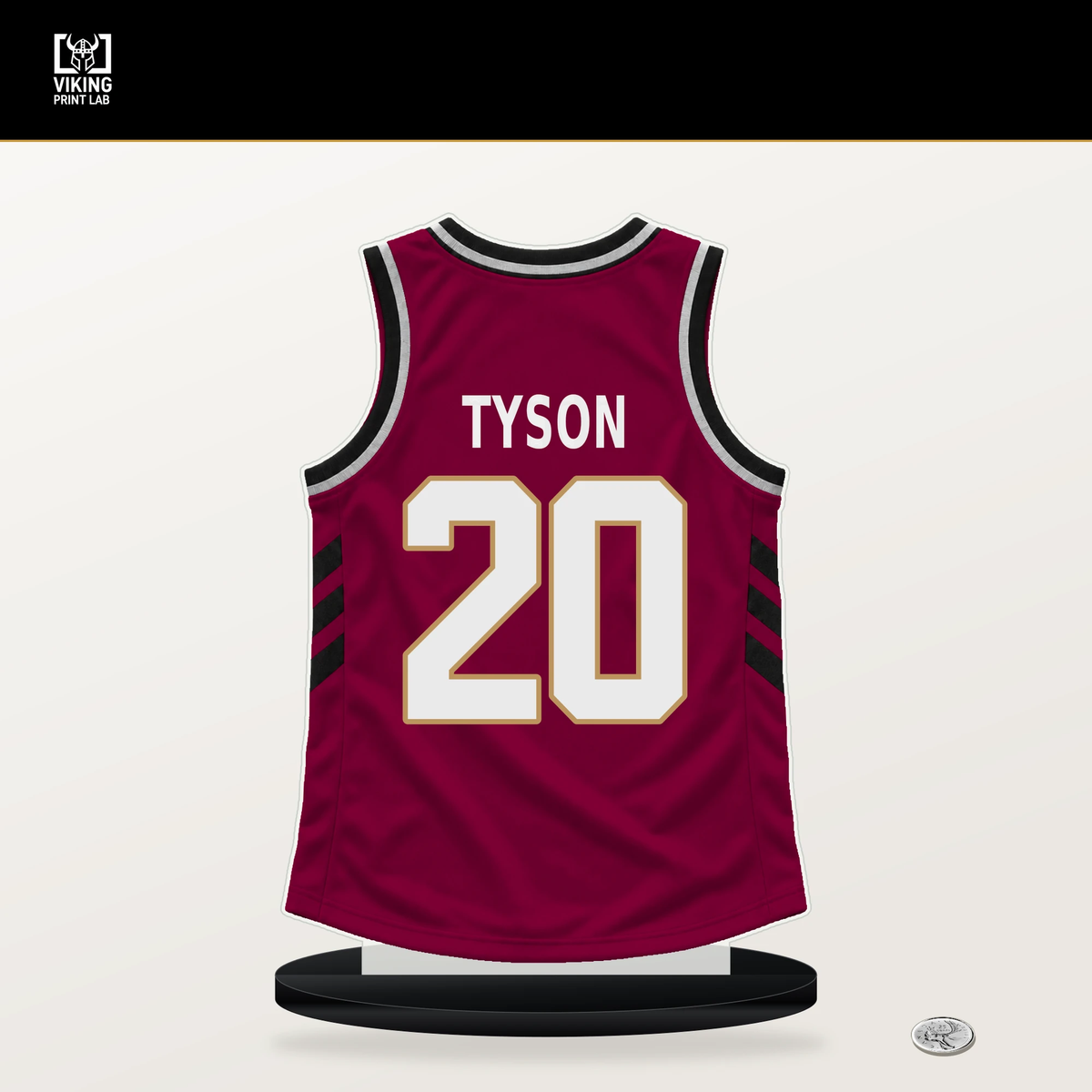 Jaylon Tyson number 20 Cleveland Cavaliers jersey stand with included black base.