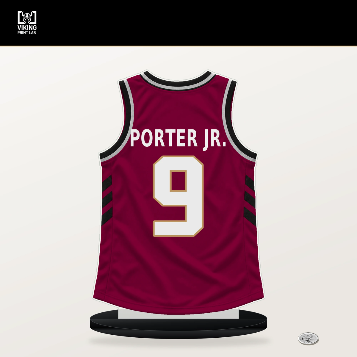 Craig Porter Jr. number 9 Cleveland Cavaliers jersey stand with included black base.