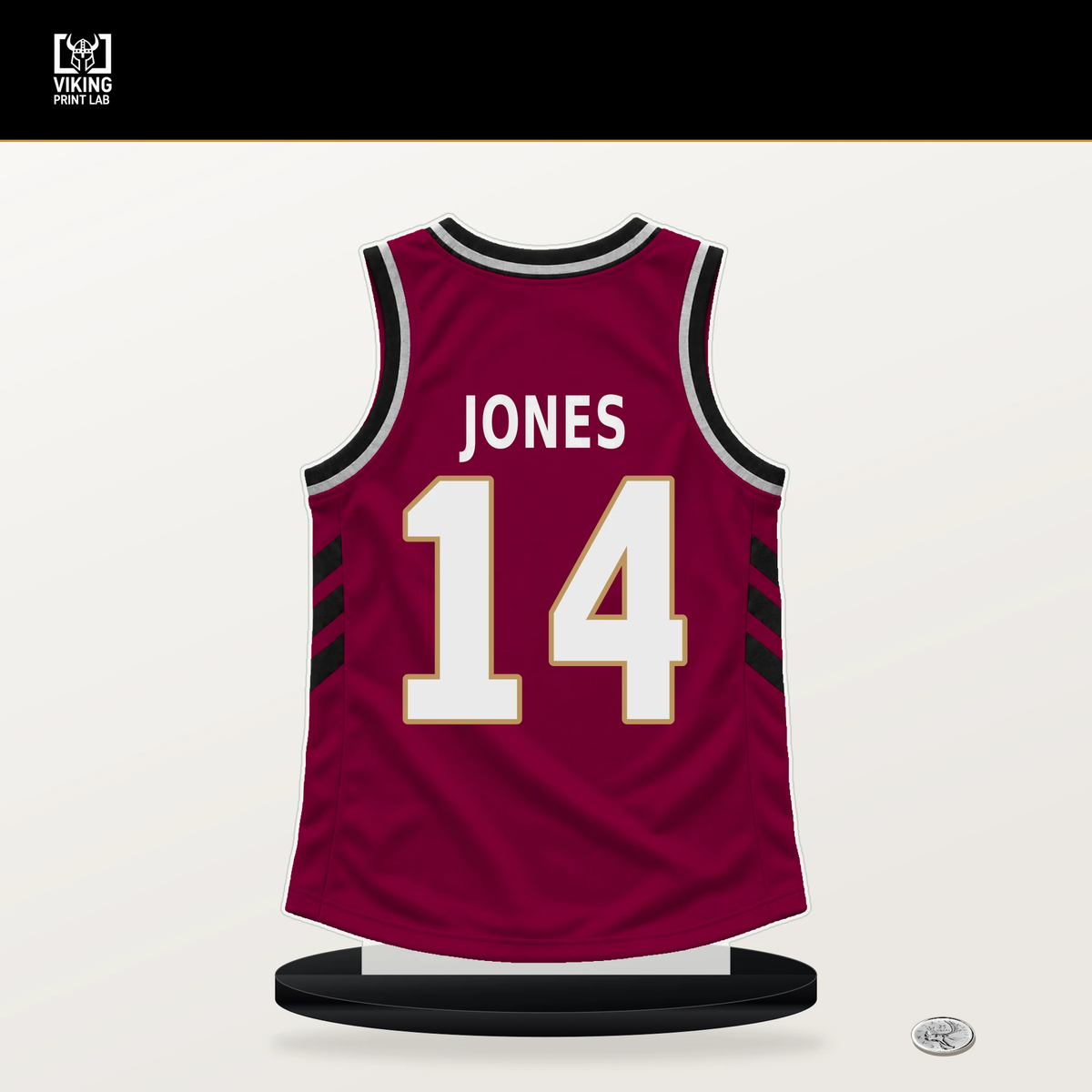Curtis Jones number 14 Cleveland Cavaliers jersey stand with included black base.