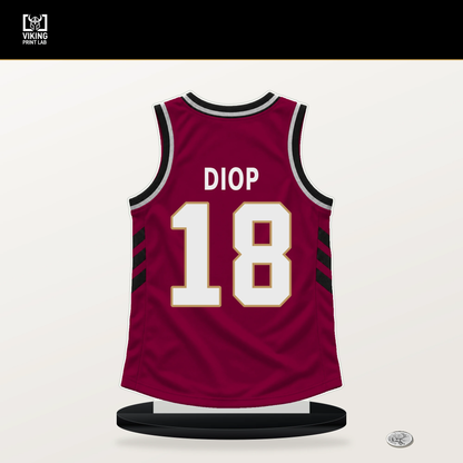 Khalifa Diop number 18 Cleveland Cavaliers jersey stand with included black base.