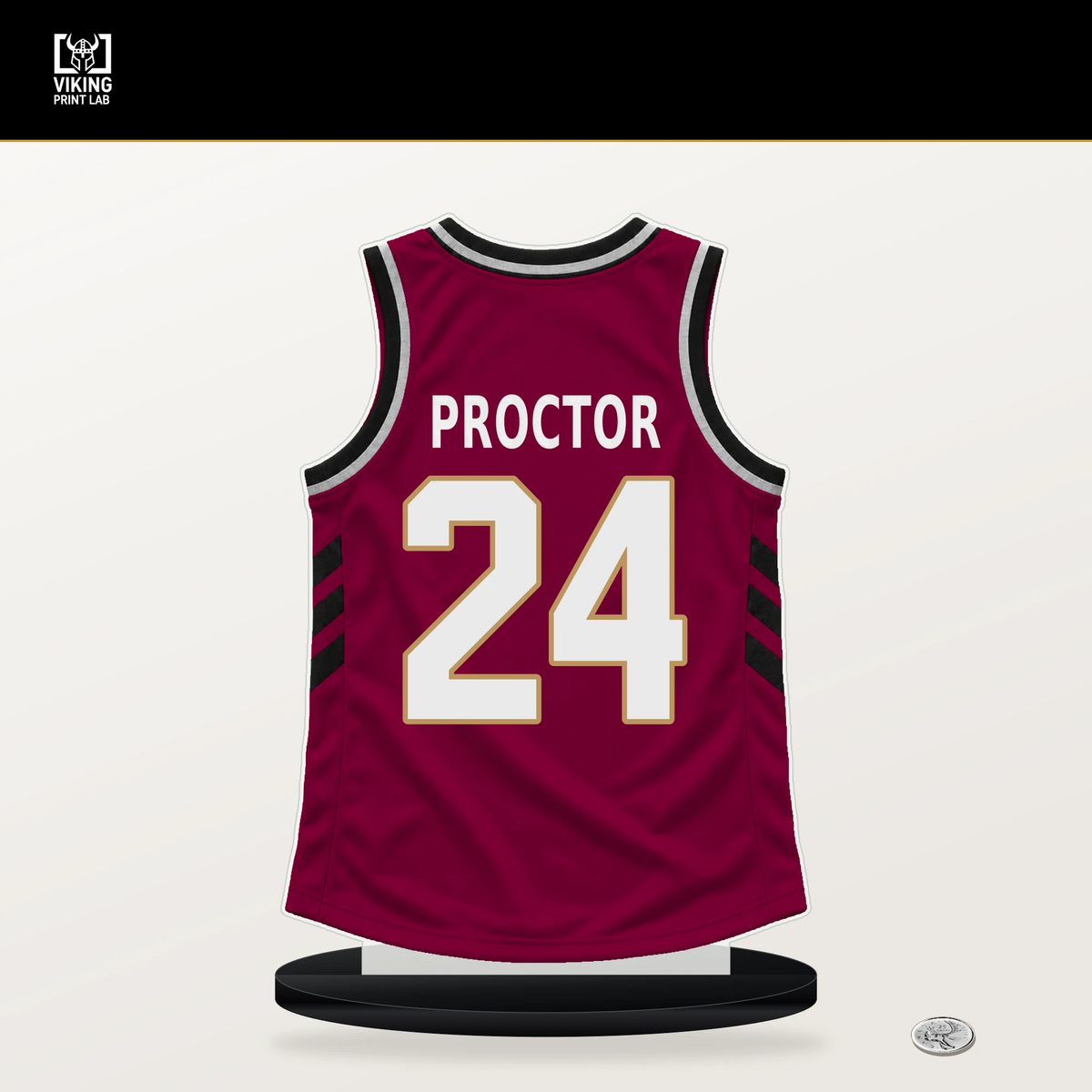 Tyrese Proctor number 24 Cleveland Cavaliers jersey stand with included black base.