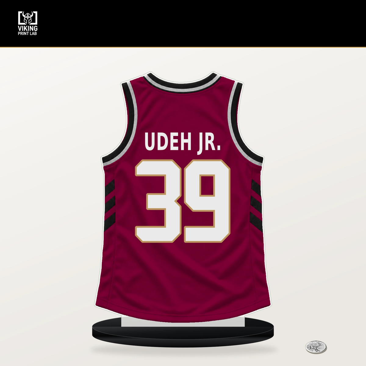 Ernest Udeh Jr. number 39 Cleveland Cavaliers jersey stand with included black base.
