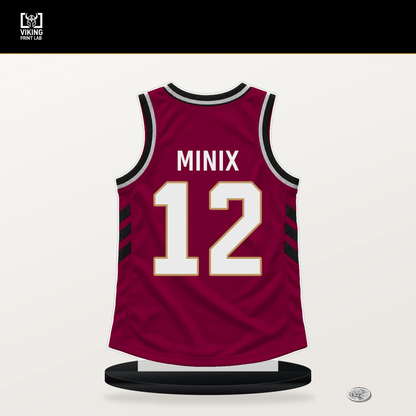 Riley Minix number 12 Cleveland Cavaliers jersey stand with included black base.