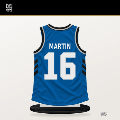 Caleb Martin number 16 Dallas Mavericks jersey stand with included black base.