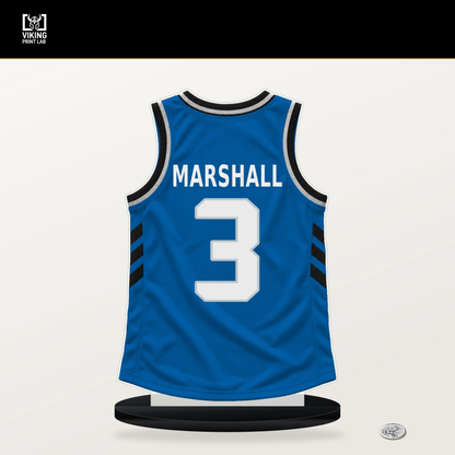 Naji Marshall number 3 Dallas Mavericks jersey stand with included black base.