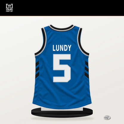 Seth Lundy number 5 Dallas Mavericks jersey stand with included black base.