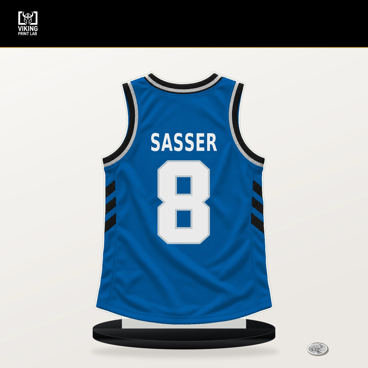 Marcus Sasser number 8 Dallas Mavericks jersey stand with included black base.