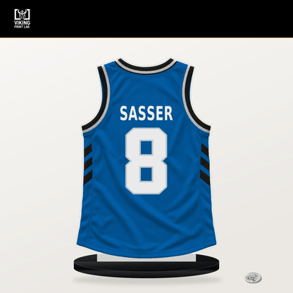 Marcus Sasser number 8 Dallas Mavericks jersey stand with included black base.