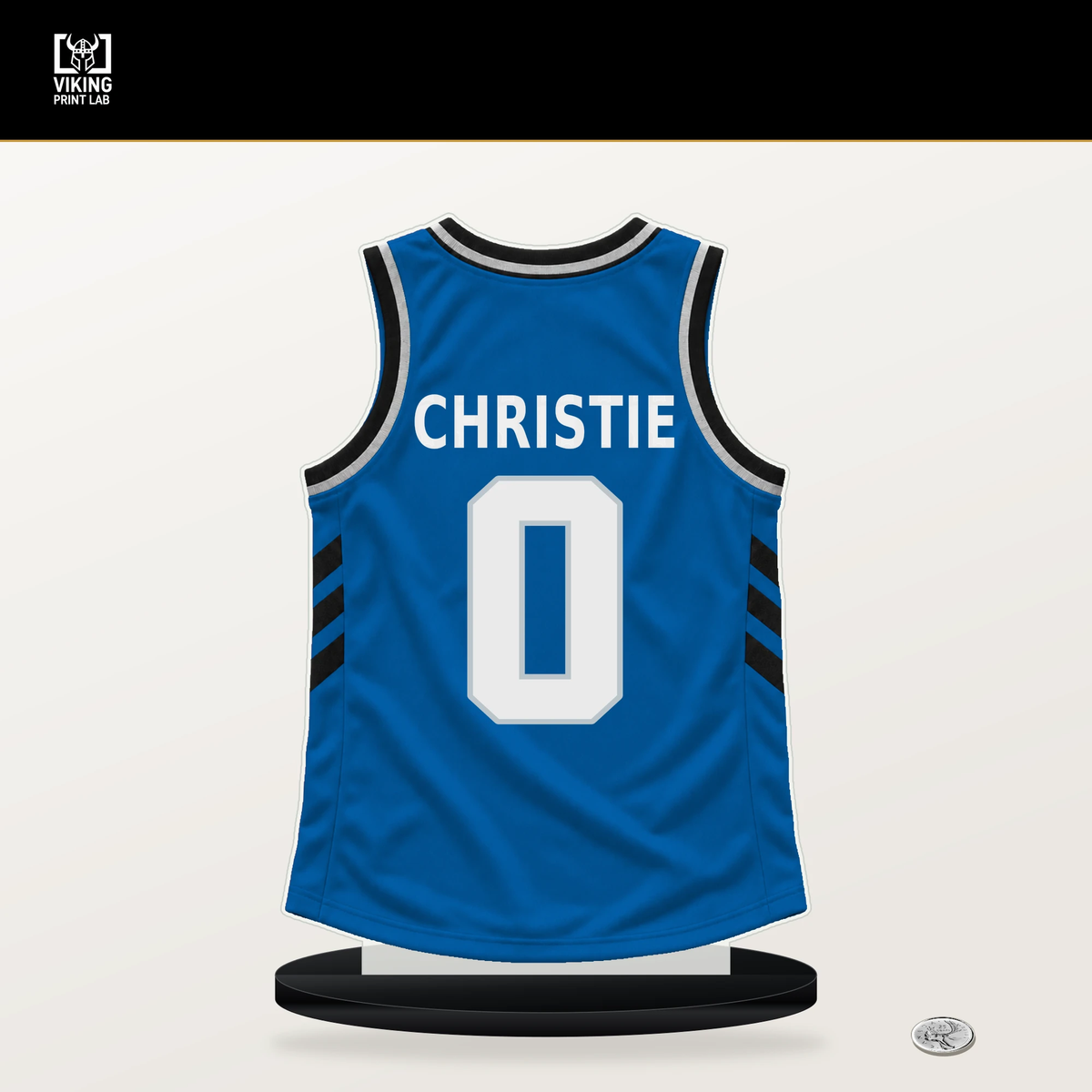 Max Christie number 0 Dallas Mavericks jersey stand with included black base.