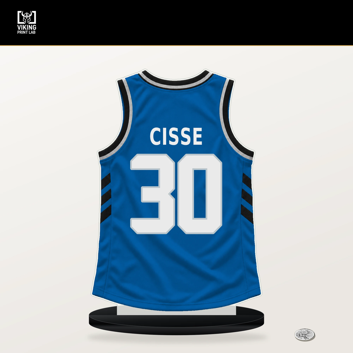 Moussa Cisse number 30 Dallas Mavericks jersey stand with included black base.