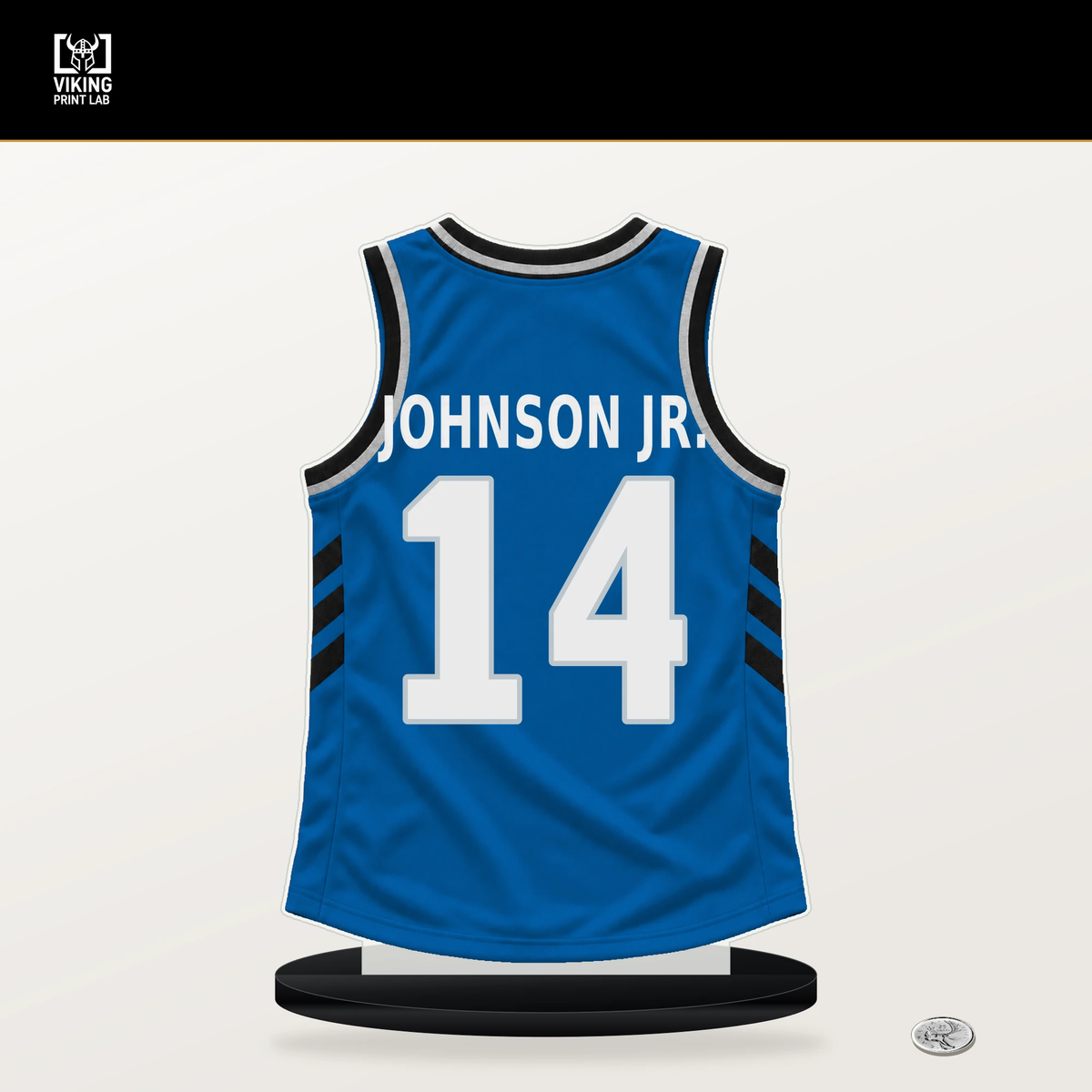 Morez Johnson Jr. number 14 Dallas Mavericks jersey stand with included black base.