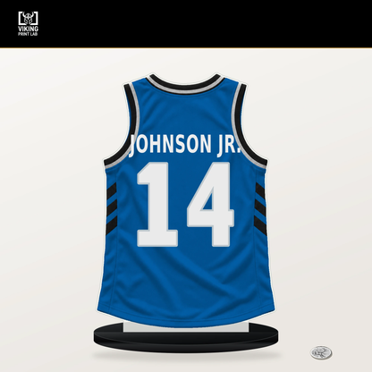 Morez Johnson Jr. number 14 Dallas Mavericks jersey stand with included black base.