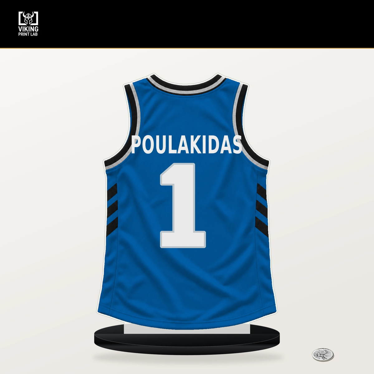 John Poulakidas number 1 Dallas Mavericks jersey stand with included black base.