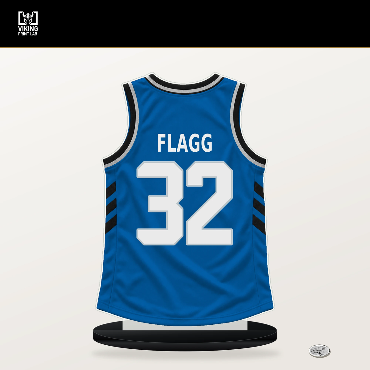 Cooper Flagg number 32 Dallas Mavericks jersey stand with included black base.
