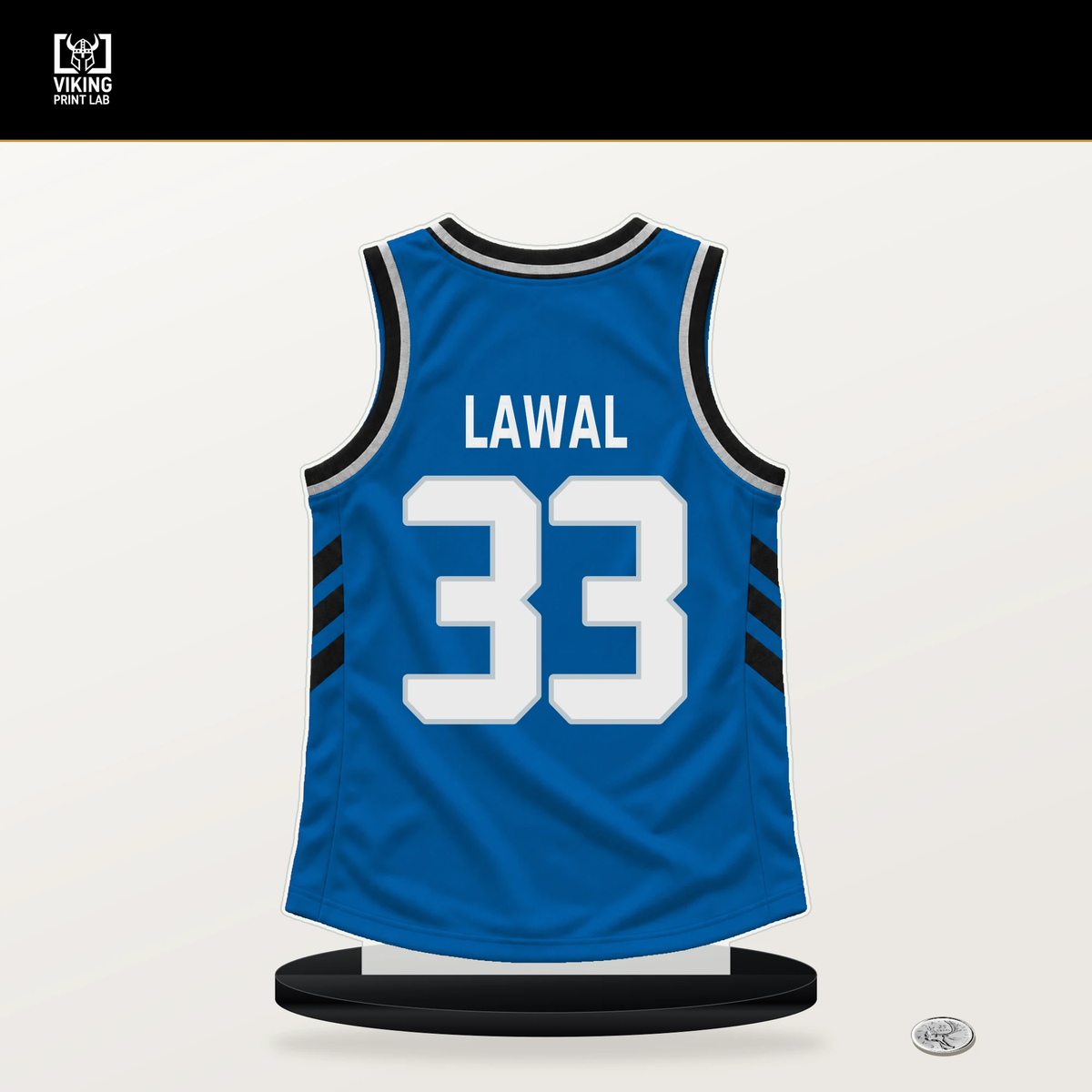 Tobi Lawal number 33 Dallas Mavericks jersey stand with included black base.