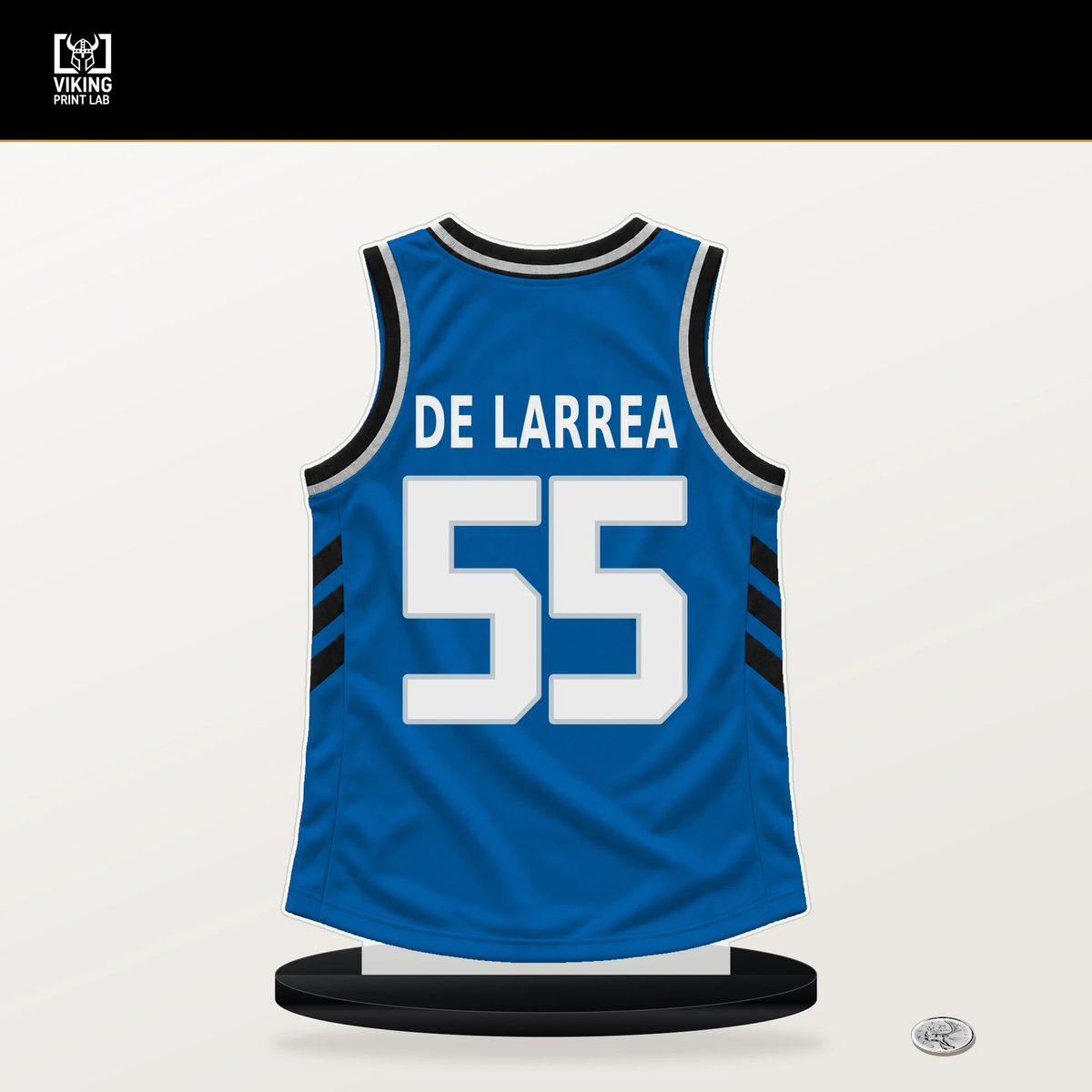 Sergio de Larrea number 55 Dallas Mavericks jersey stand with included black base.