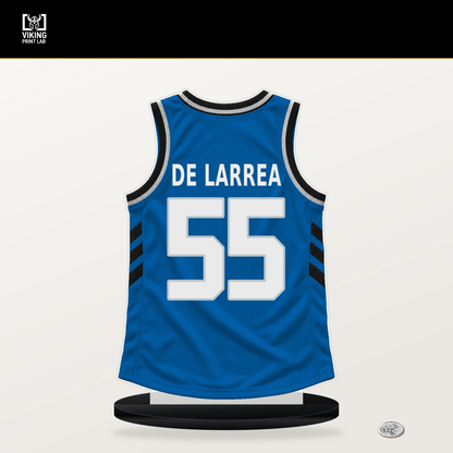 Sergio de Larrea number 55 Dallas Mavericks jersey stand with included black base.