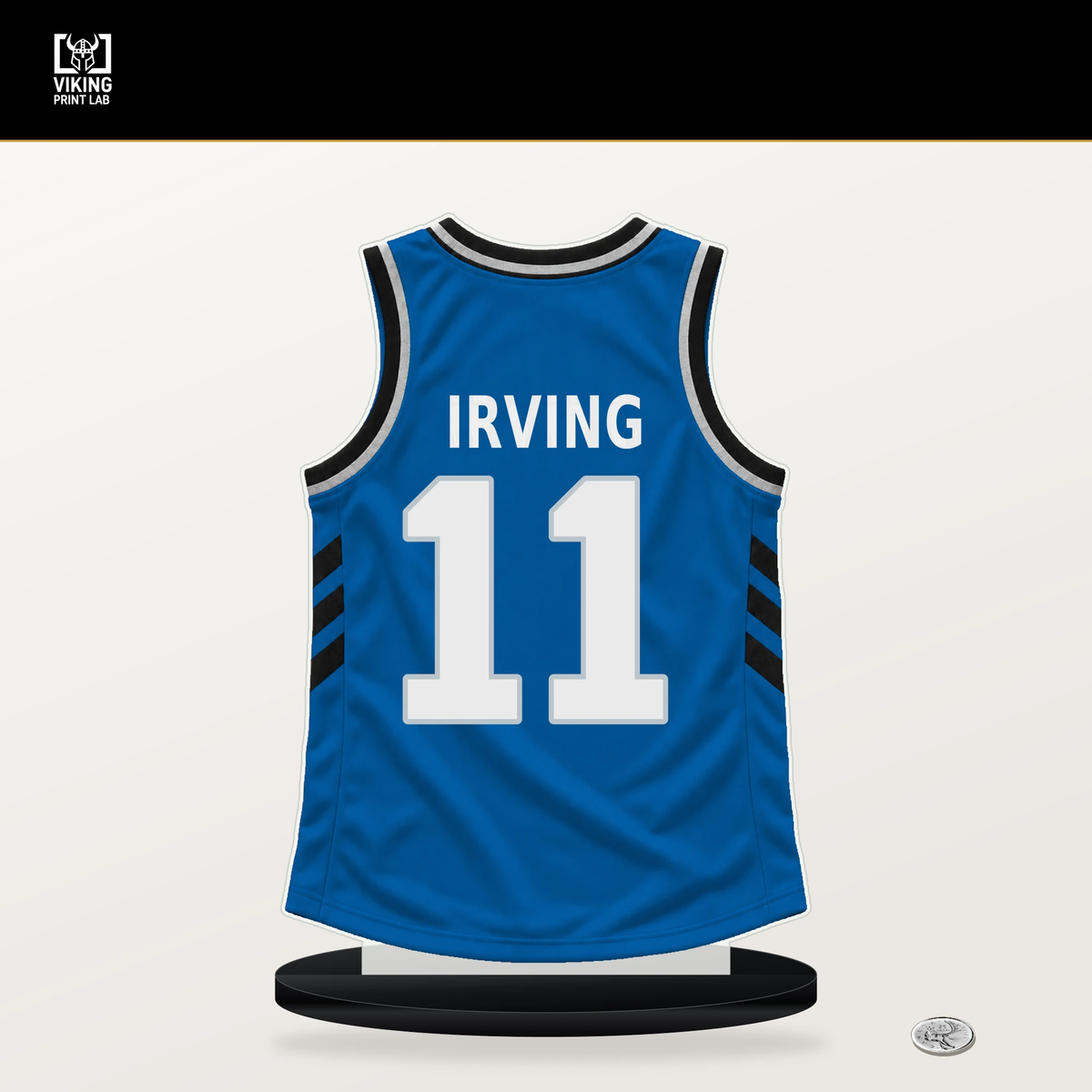 Kyrie Irving number 11 Dallas Mavericks jersey stand with included black base.
