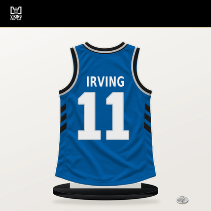 Kyrie Irving number 11 Dallas Mavericks jersey stand with included black base.