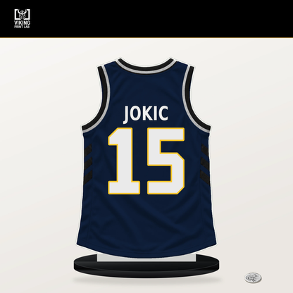 Nikola Jokic number 15 Denver Nuggets jersey stand with included black base.
