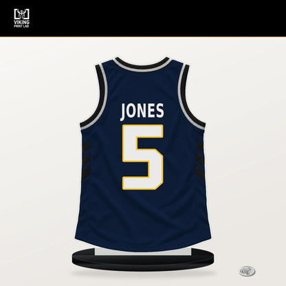 Tyus Jones number 5 Denver Nuggets jersey stand with included black base.