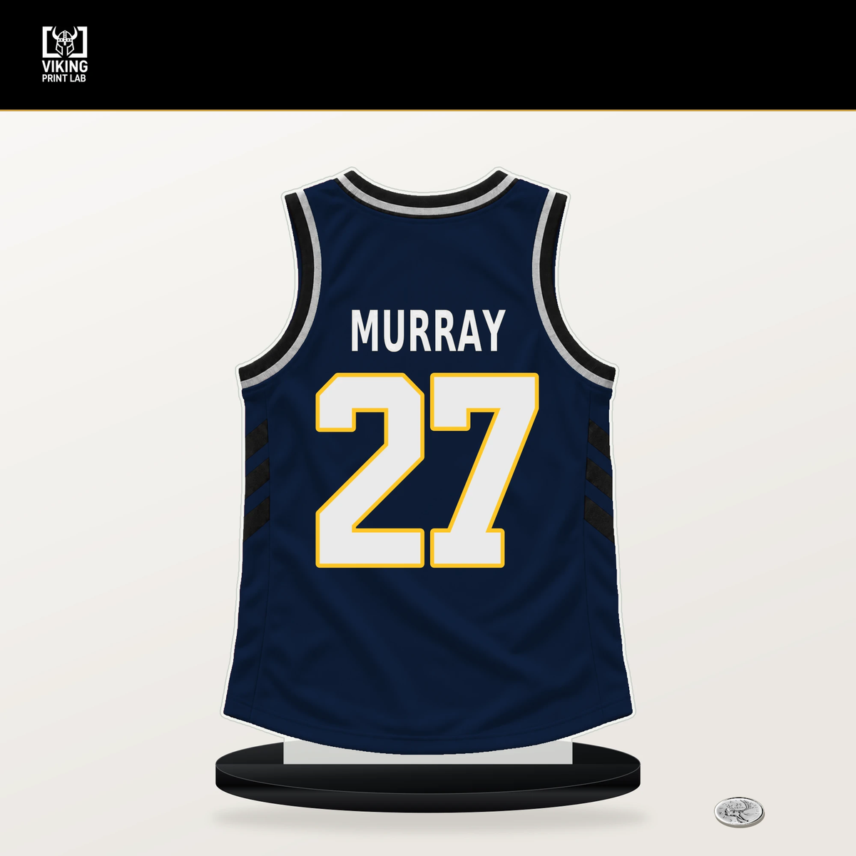Jamal Murray number 27 Denver Nuggets jersey stand with included black base.