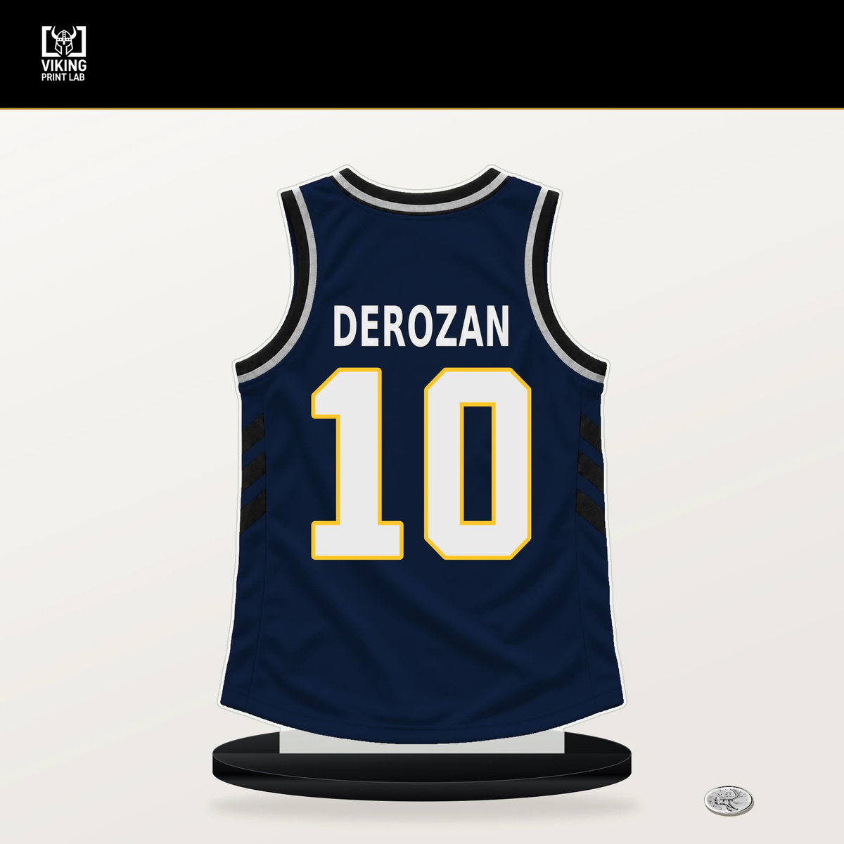 DeMar DeRozan number 10 Denver Nuggets jersey stand with included black base.