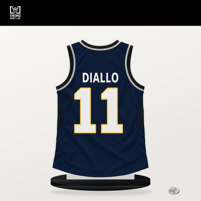 Alpha Diallo number 11 Denver Nuggets jersey stand with included black base.