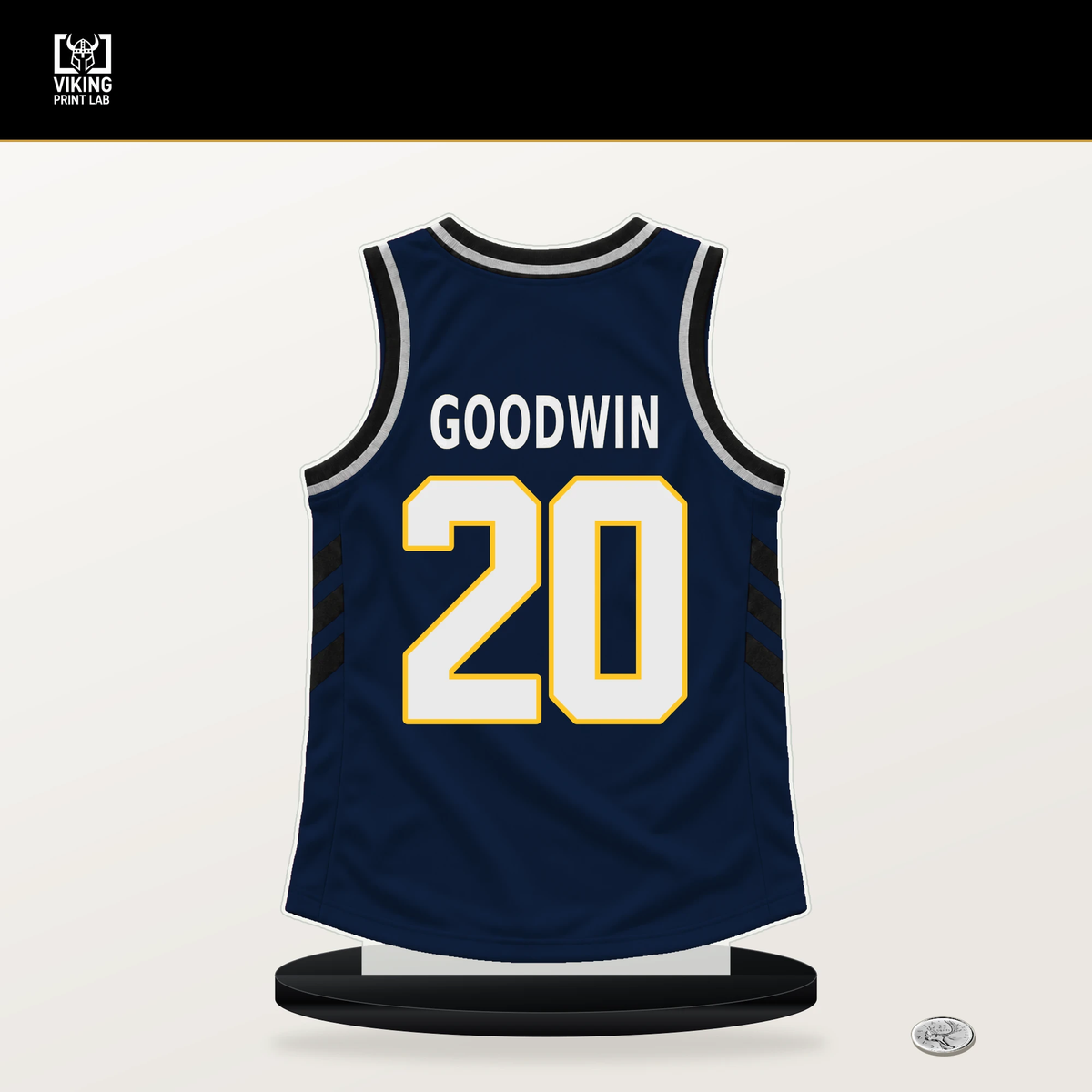 Dane Goodwin number 20 Denver Nuggets jersey stand with included black base.