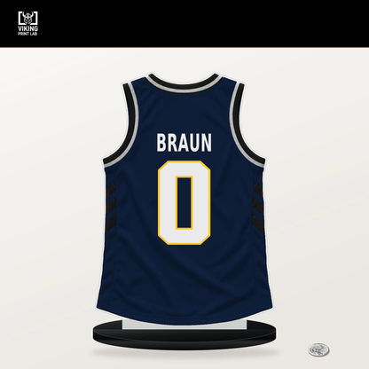Christian Braun number 0 Denver Nuggets jersey stand with included black base.
