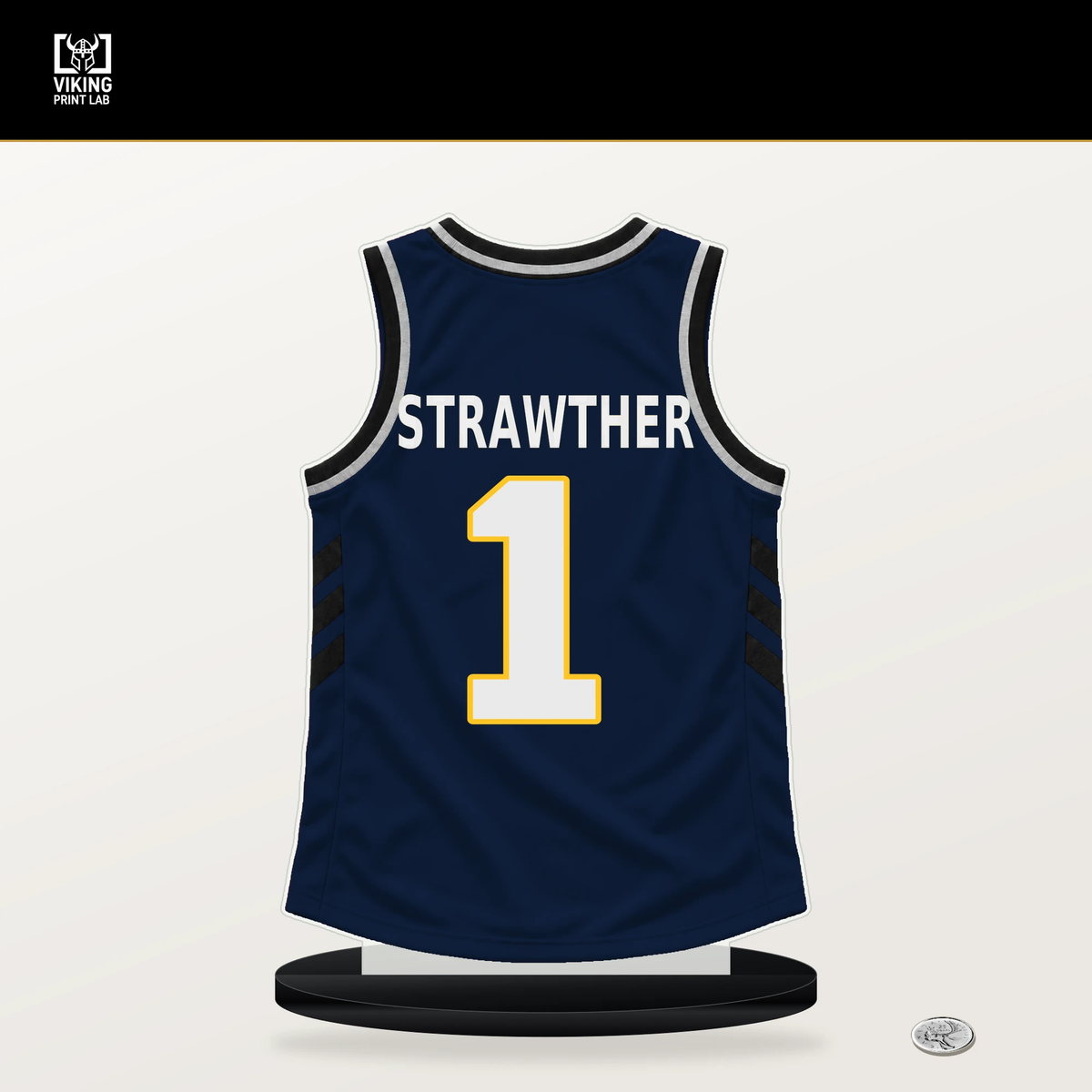 Julian Strawther number 1 Denver Nuggets jersey stand with included black base.