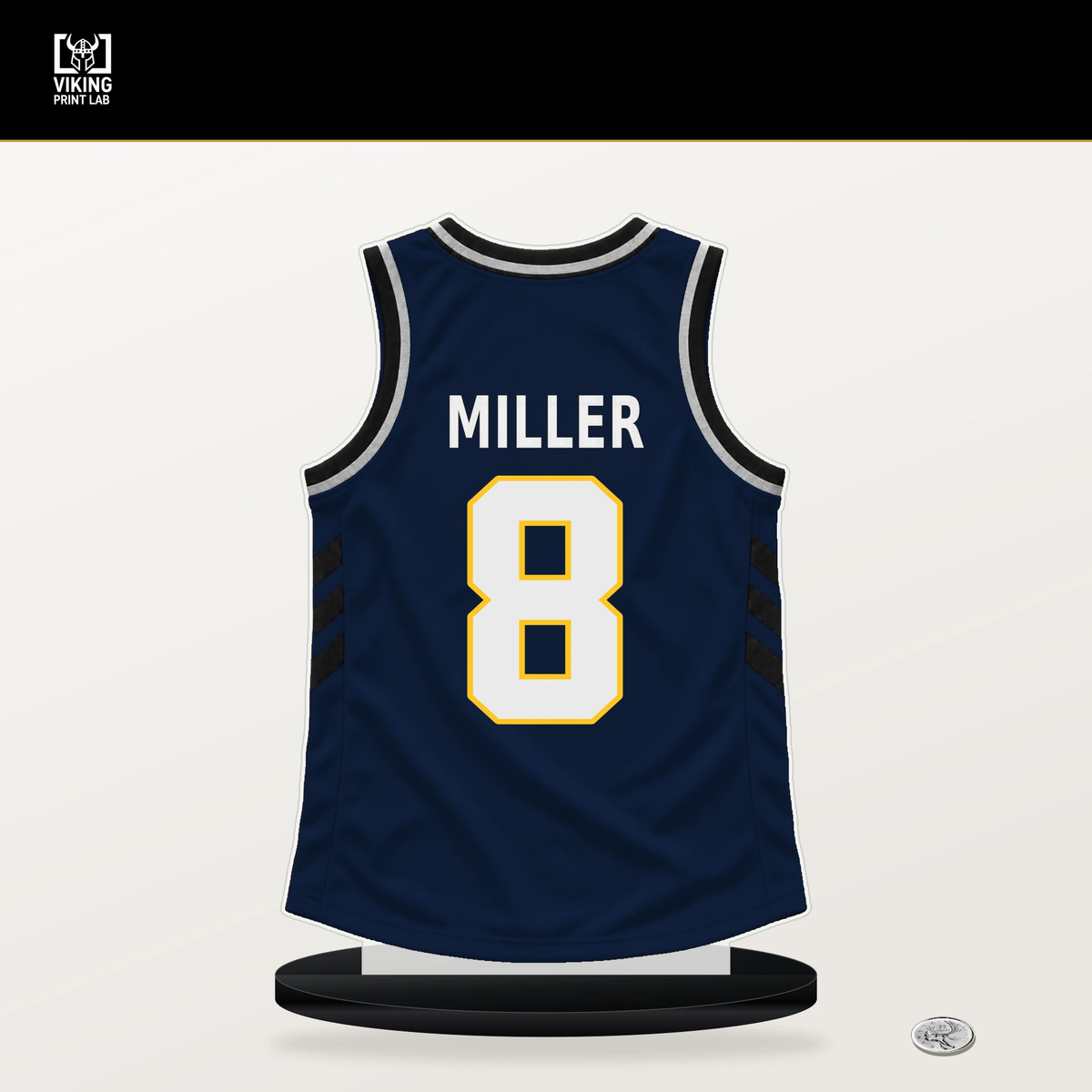 Emanuel Miller number 8 Denver Nuggets jersey stand with included black base.