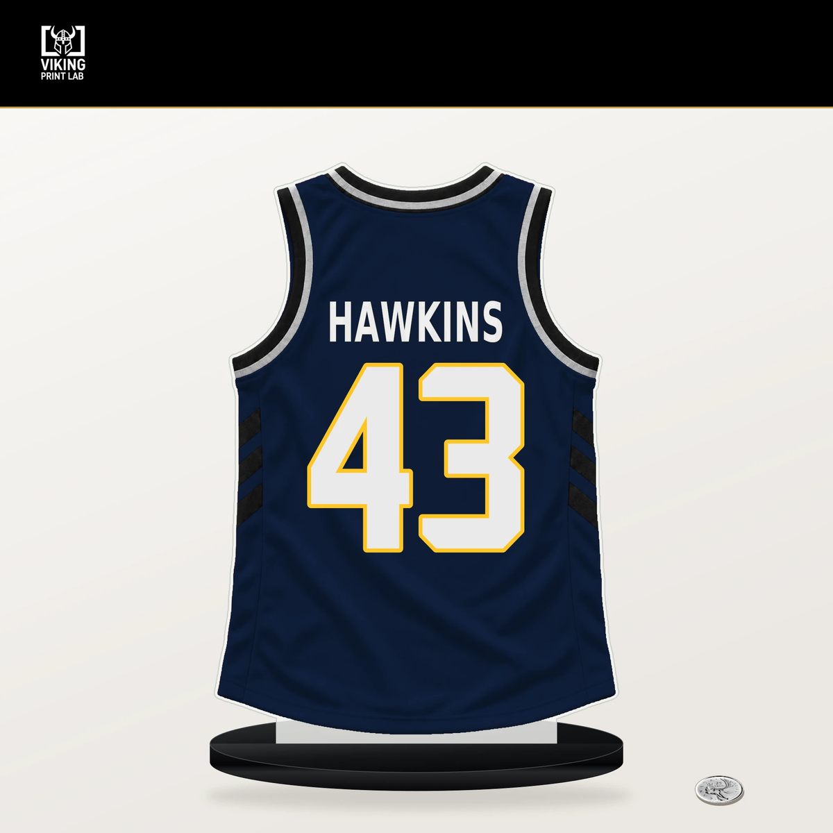Coleman Hawkins number 43 Denver Nuggets jersey stand with included black base.