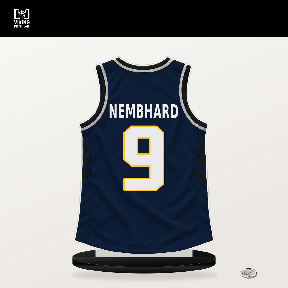 Ryan Nembhard number 9 Denver Nuggets jersey stand with included black base.