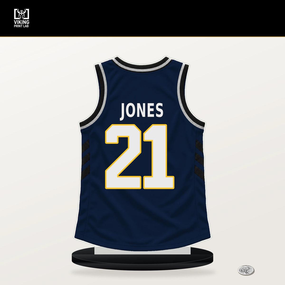 Spencer Jones number 21 Denver Nuggets jersey stand with included black base.