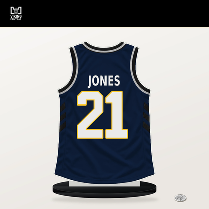 Spencer Jones number 21 Denver Nuggets jersey stand with included black base.