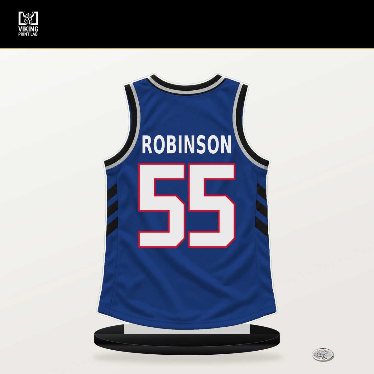Duncan Robinson number 55 Detroit Pistons jersey stand with included black base.