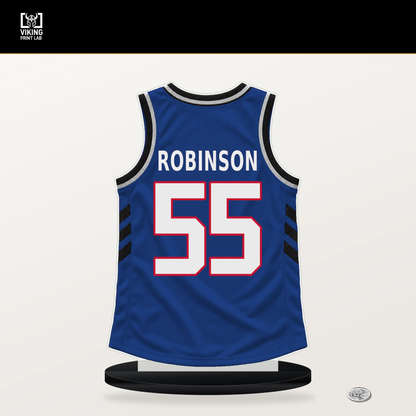 Duncan Robinson number 55 Detroit Pistons jersey stand with included black base.