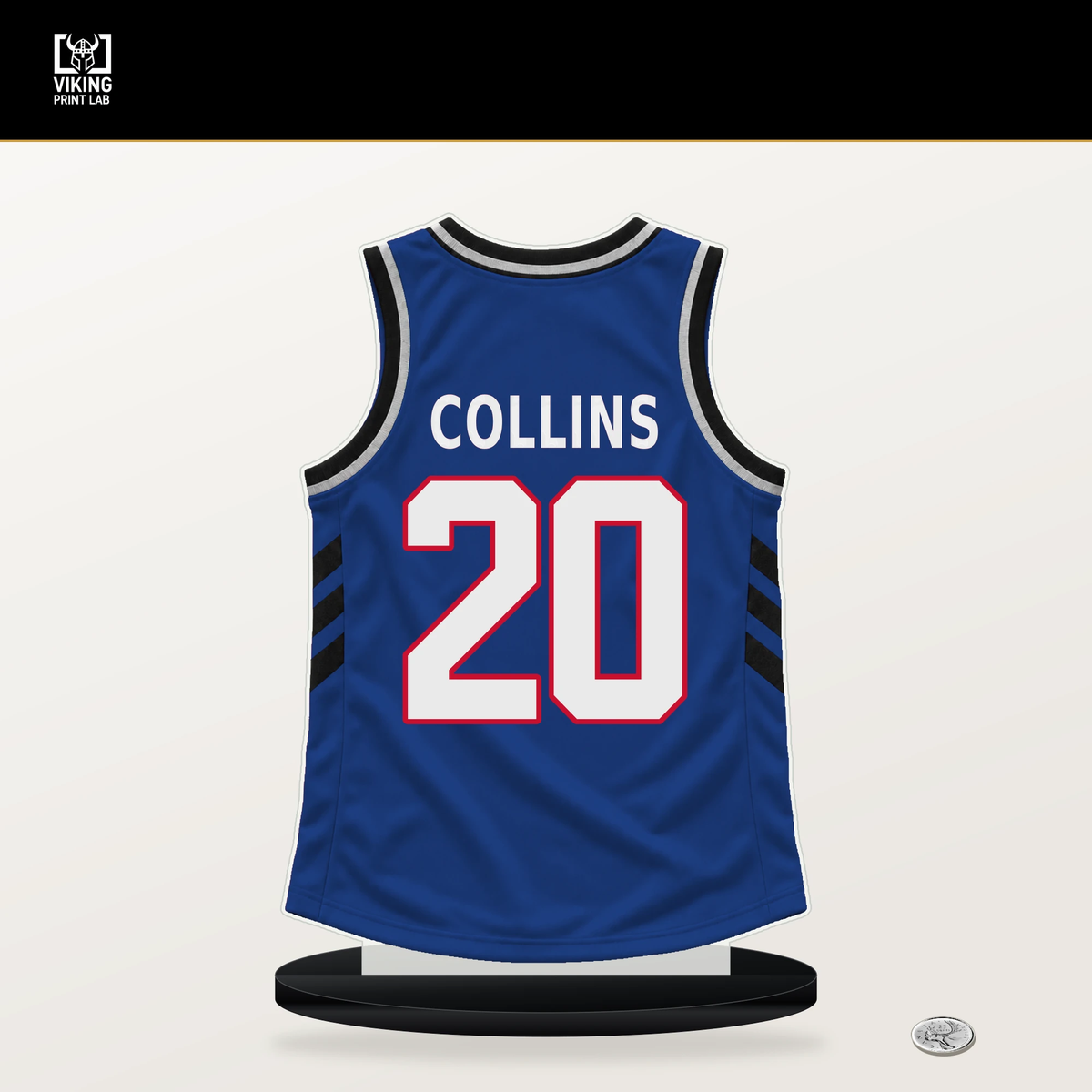 John Collins number 20 Detroit Pistons jersey stand with included black base.